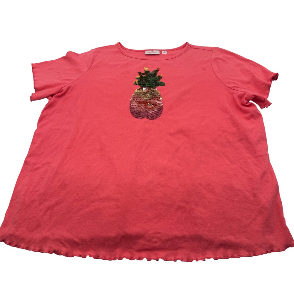 Quacker Factory Pink Pineapple Reversible Sequin Top Lettuce Edge Plus 2X